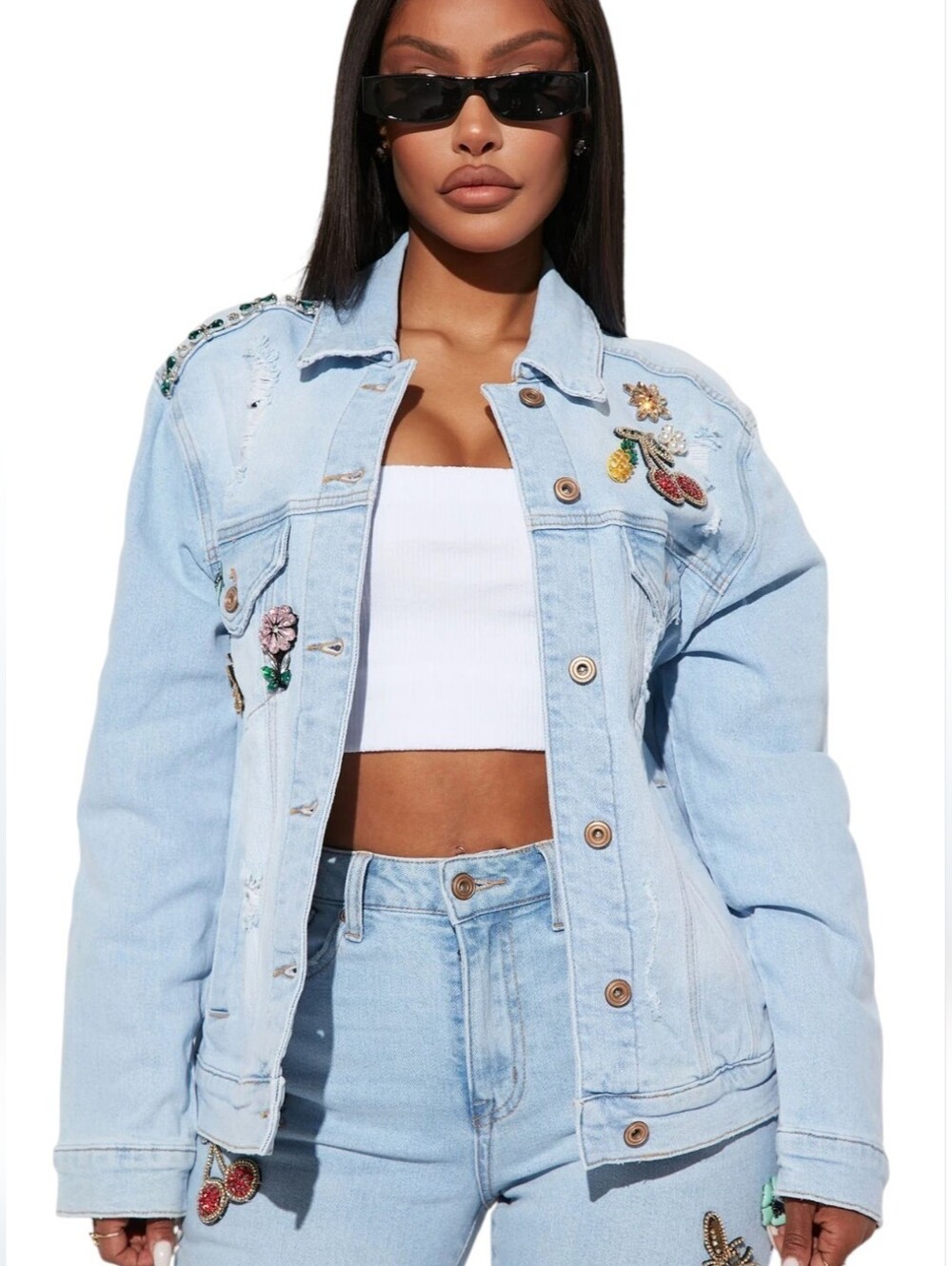 Fashion Nova Shes So Cutsy Embellished Denim Jacket -